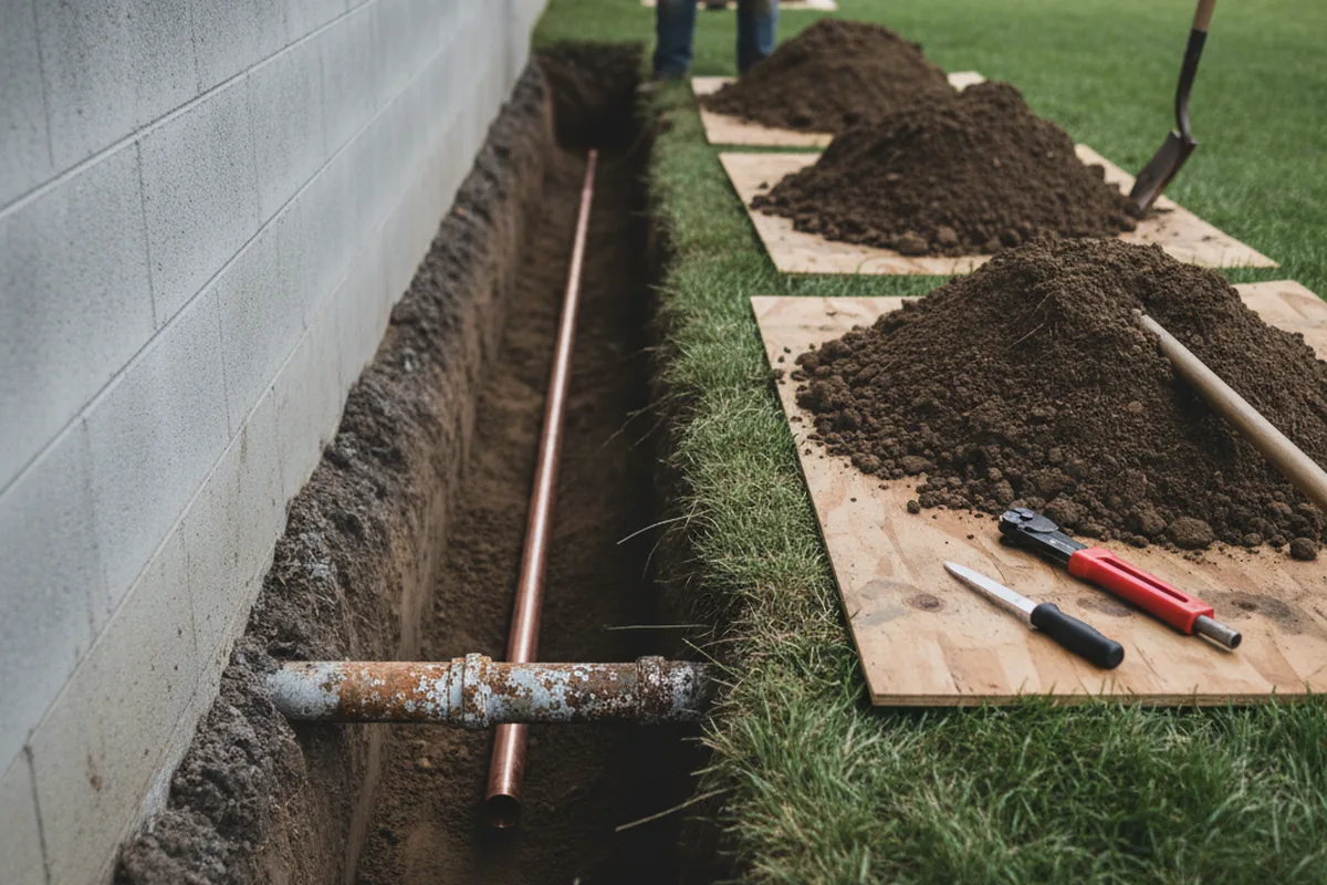 Excavated water line trench during Water Softener Installation in Conrad